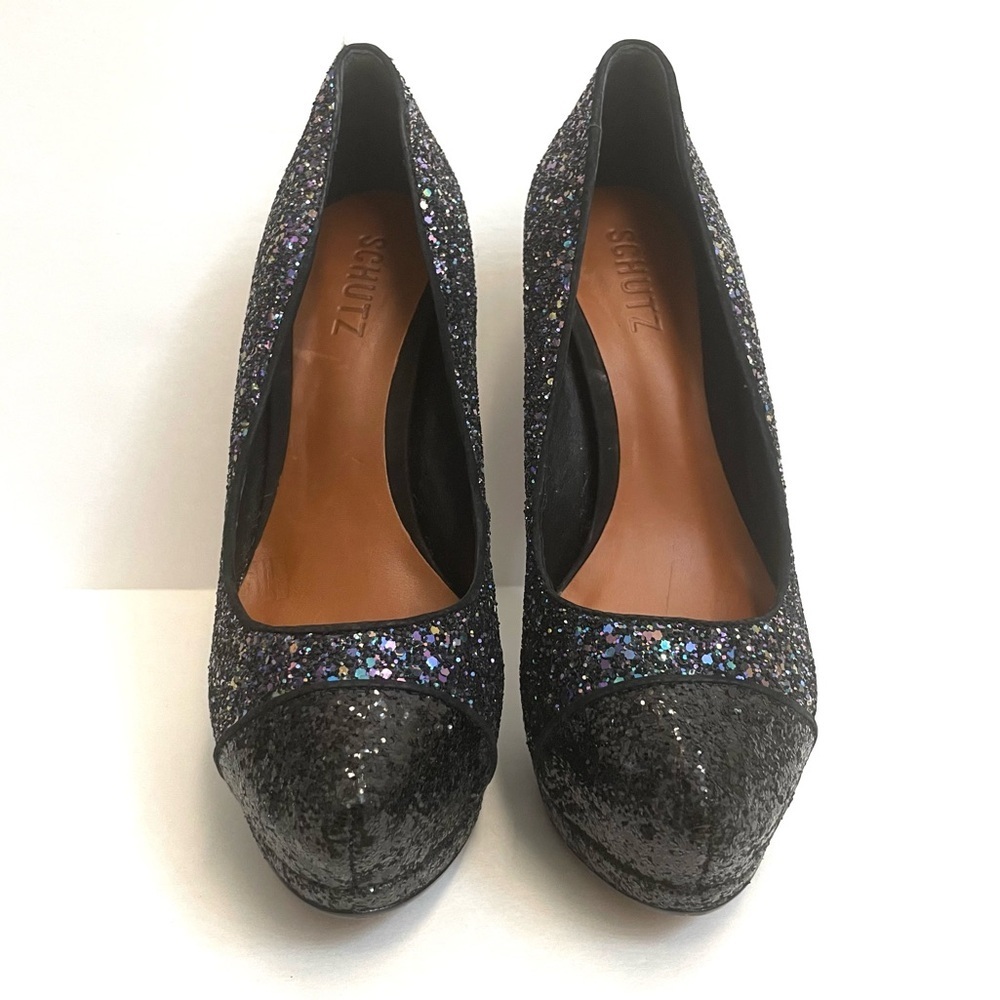 Schutz Fernanda Black & Purple Glitter Cap Toe Platform High Stiletto Heels